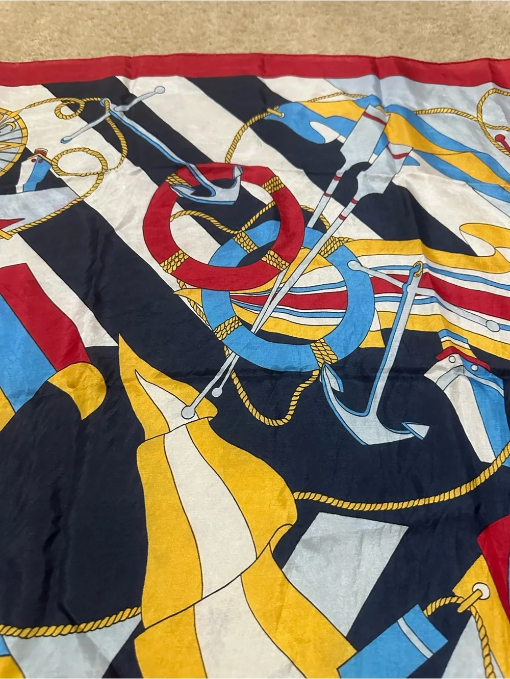 Silk-Feel Nautical Print Scarf in Red, Blue & Yellow